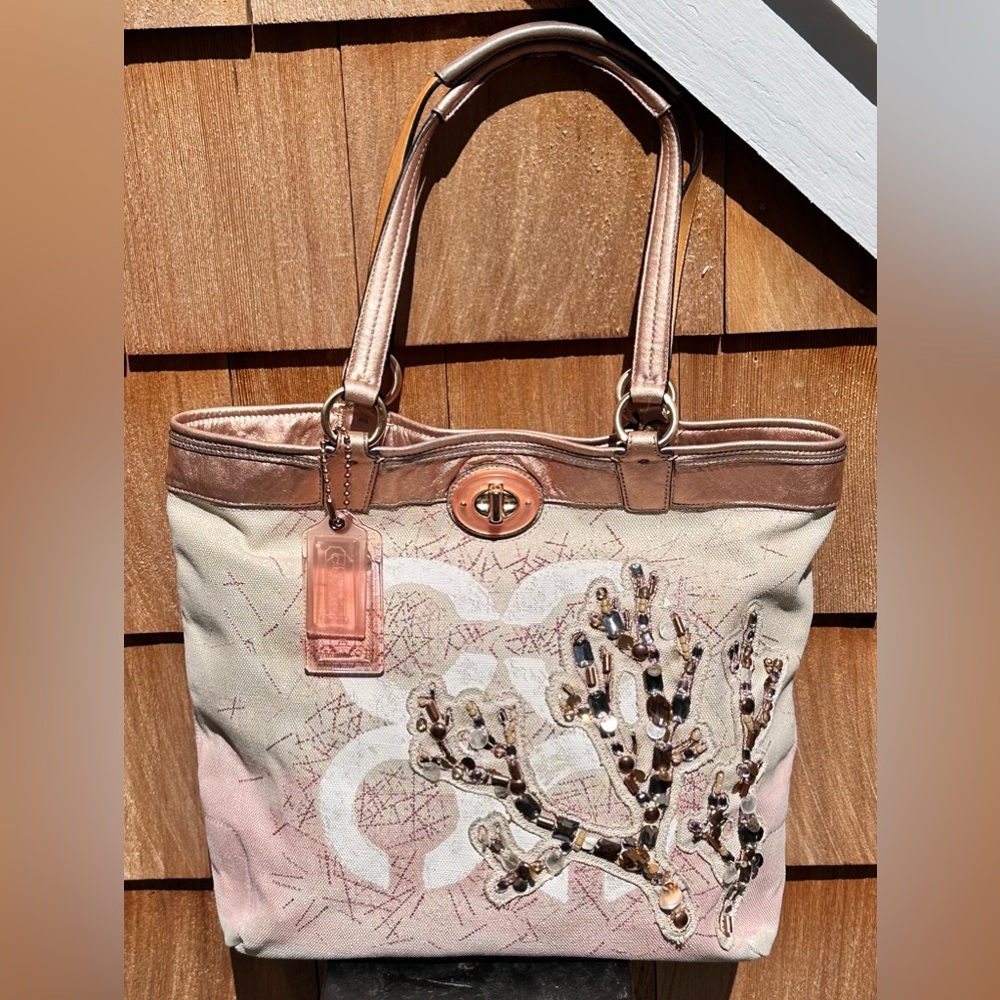 Coach!! Audrey Coral Leigh Tote Leather & Canvas Beads & Shells Details
